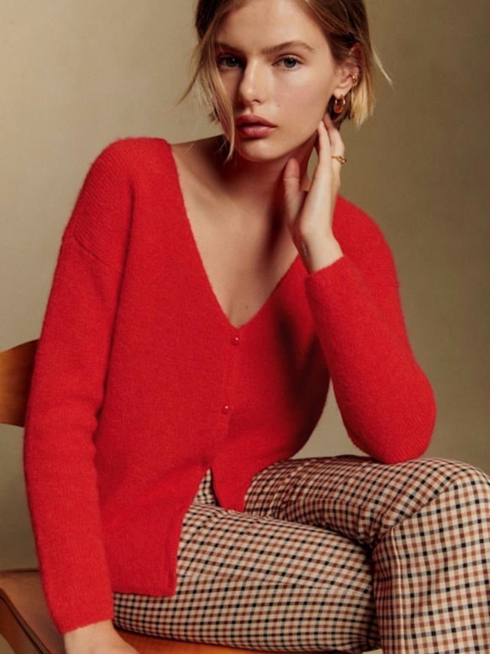 Sezane Vibrant Red V-Neck Button Cardigan